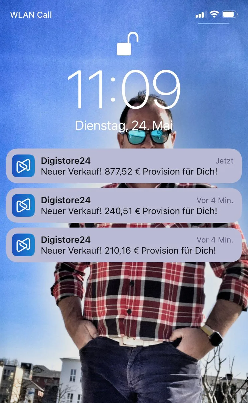 Smartphone-Sperrbildschirm mit Digistore24-Verkaufsbenachrichtigungen, Mann mit Sonnenbrille im Hintergrund