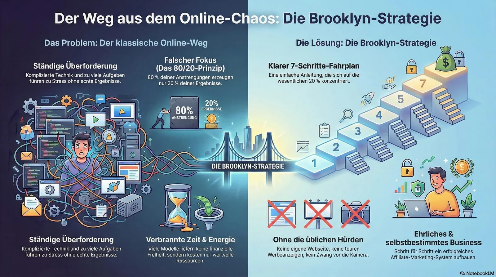 Infografik-Banner zur Brooklyn-Strategie: Probleme des klassischen Online-Marketing vs. Lösungen der Brooklyn-Strategie