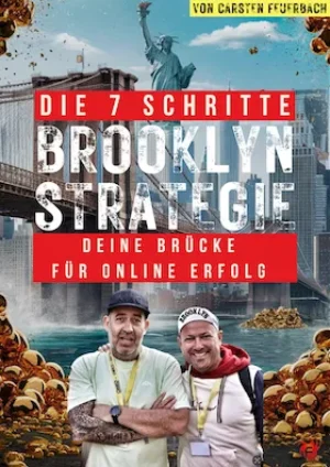 Cover der Brooklyn-Strategie mit zwei Männern vor Brooklyn Bridge, Statuen-Elementen und goldenem Design