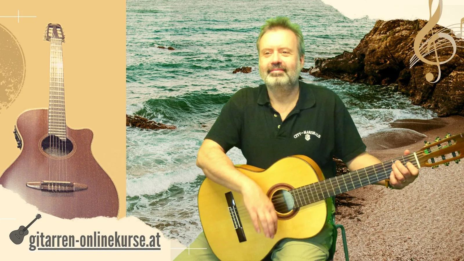Mann spielt gelbe Akustikgitarre an Strand mit Meer im Hintergrund, Gitarre und Musiknoten Dekoration