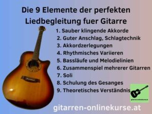 Klassische Akustikgitarre mit Überschrift Die 9 Elemente der perfekten Liedbegleitung für Gitarre und Auflistung der Inhalte