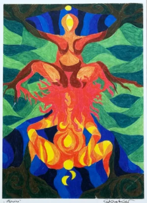 Die Ahninnen-Trance Kunstwerk, farbiges Gemälde einer leuchtenden weiblichen Figur mit Wurzeln