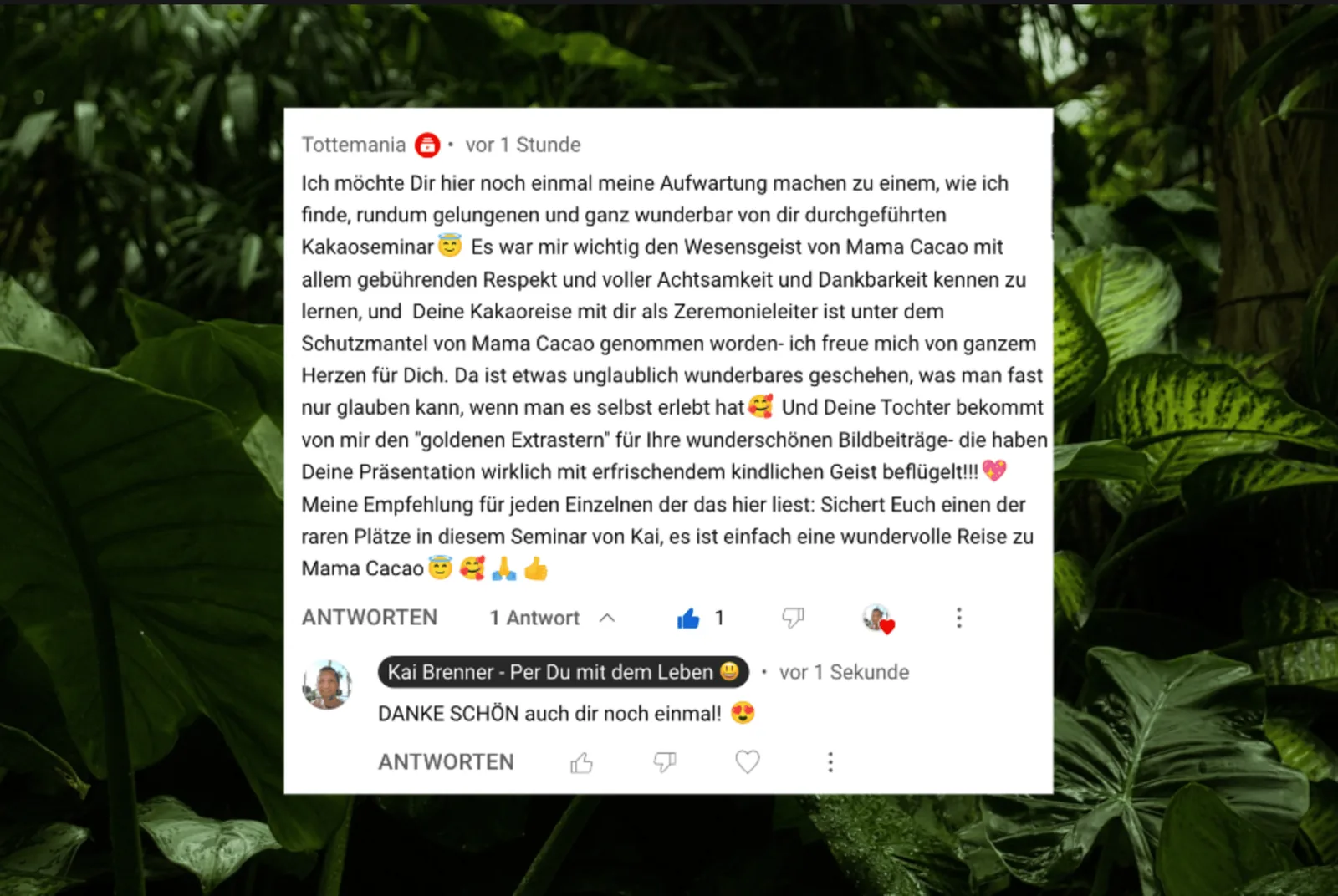 Facebook-Kommentar von Tottemania über Kakaoseminar und Mama Cacao mit Kai Brenner