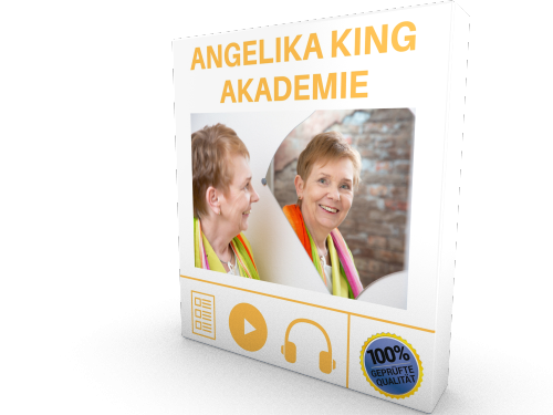 Angelika King Akademie Produktbox mit Portraitfotos, Play-Button und Headset-Symbol