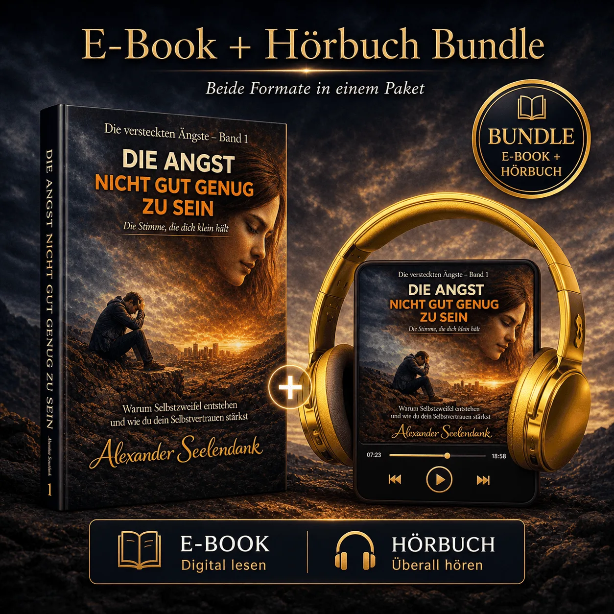 E-Book und Hörbuch Bundle Mockup Band 1 Die Angst nicht gut genug zu sein mit Buch und Gold Headphones