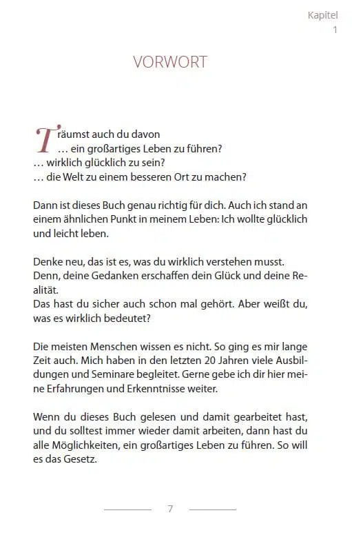 Buchseite mit Kapitel 1 und Vorwort-Text, Fragen zur Lebensgestaltung und Glück