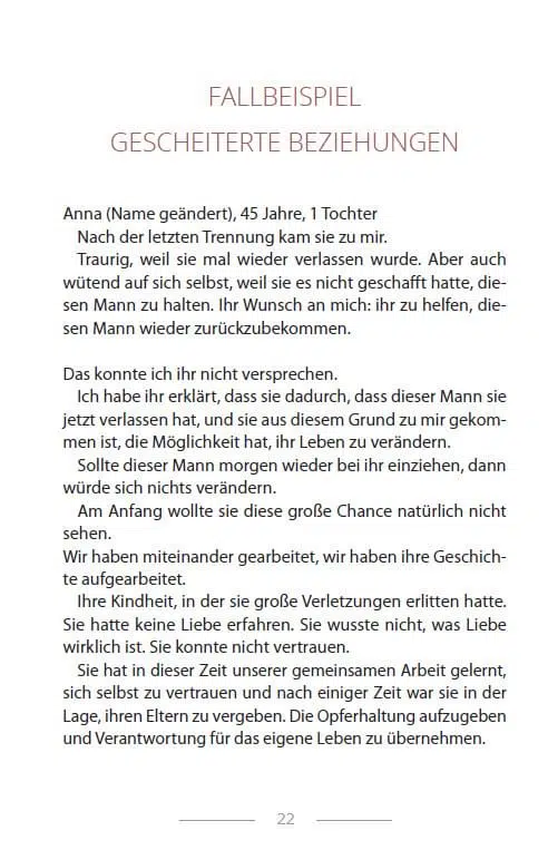 Buchseite mit Fallbeispiel gescheiterter Beziehungen, Geschichte von Anna