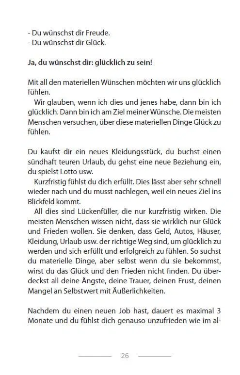 Buchseite mit Text über materielle Wünsche, Glück und Erfüllung