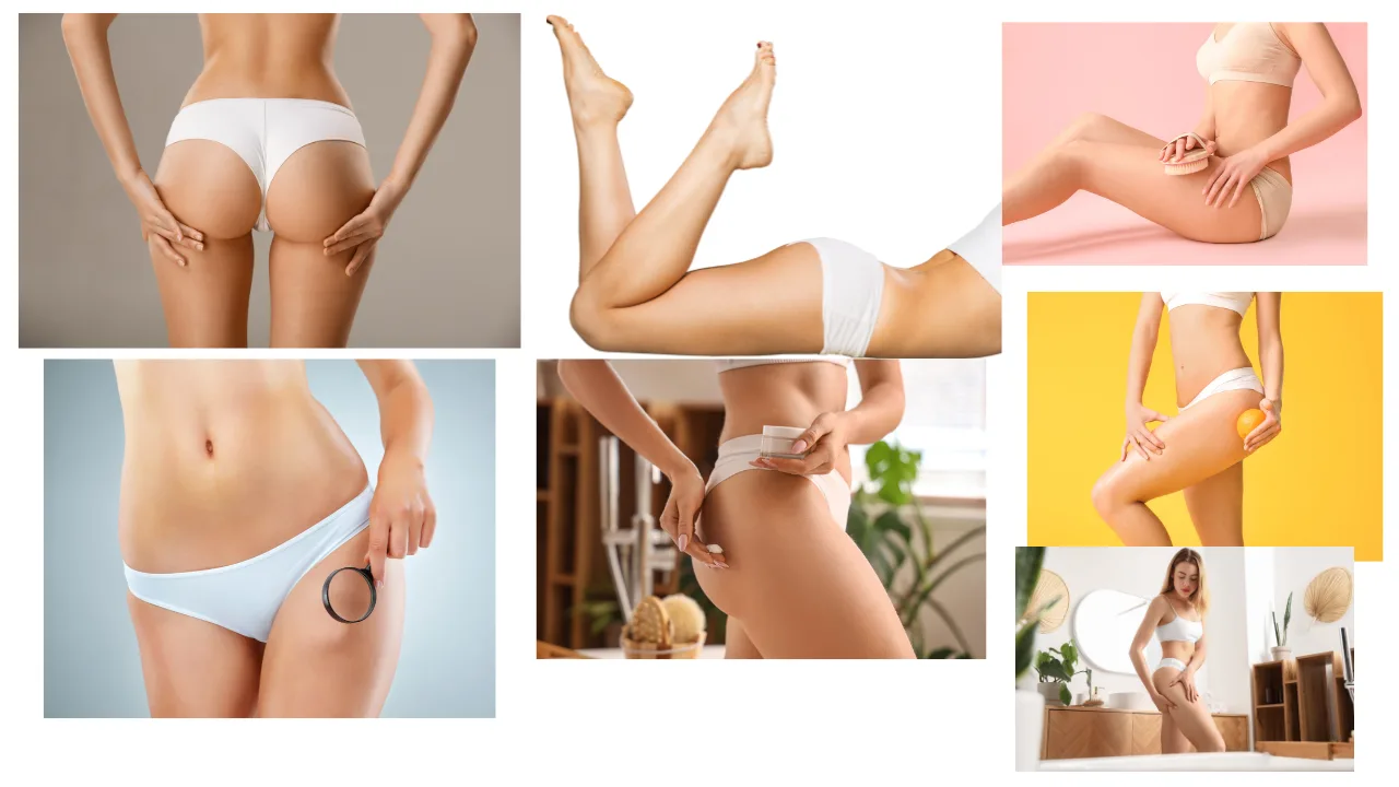 Collage von 9 Bildern zeigt straffe Haut an Beinen, Po und Oberschenkeln ohne Cellulite