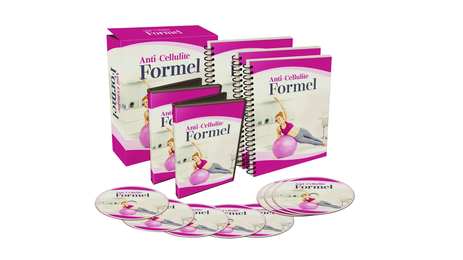 Anti-Cellulite Formel Produktpaket mit pinken Boxen, Spiral-Notizbüchern und DVDs