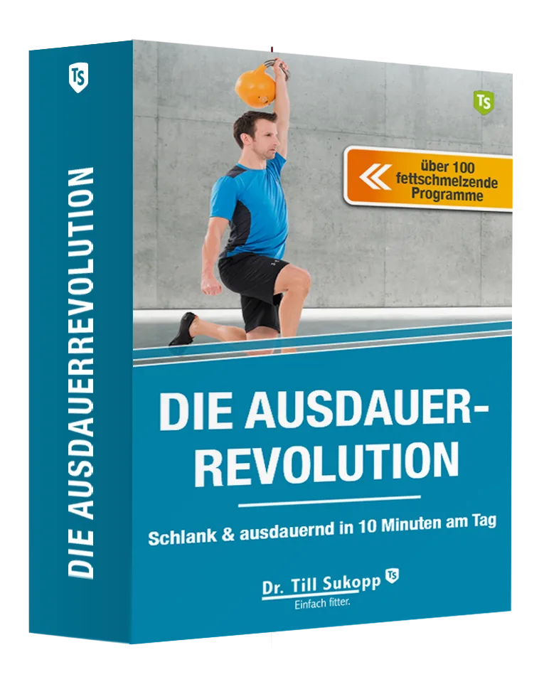 3D-Produktabbildung Die Ausdauerrevolution von Dr. Till Sukopp mit Trainingsmann und Medizinball
