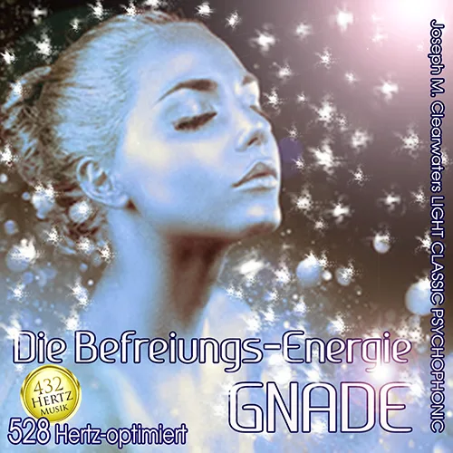Audio-Cover Die Befreiungs-Energie Gnade mit blauem Frauengesicht, Sternen und 528 Hertz-Optimierung