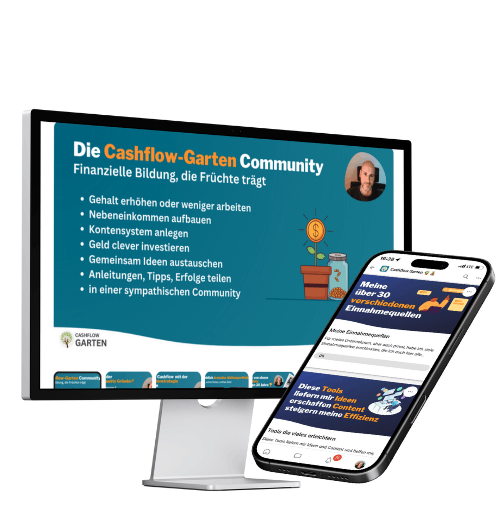 Mockup zeigt Desktop und Smartphone mit Community-Inhalten und Cashflow Garten Branding