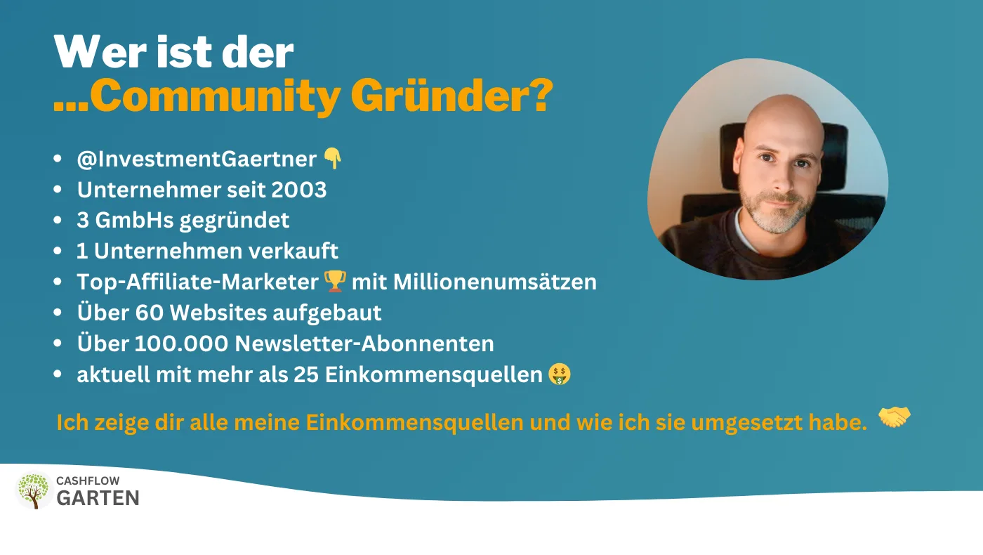 Präsentationsfolie über den Community-Gründer InvestmentGärtner mit Credentials und Erfolgen