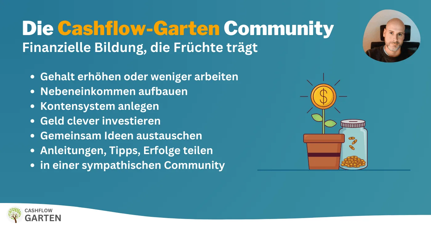 Informationsgrafik zur Cashflow Garten Community mit Aufzählungen und Geldpflanze