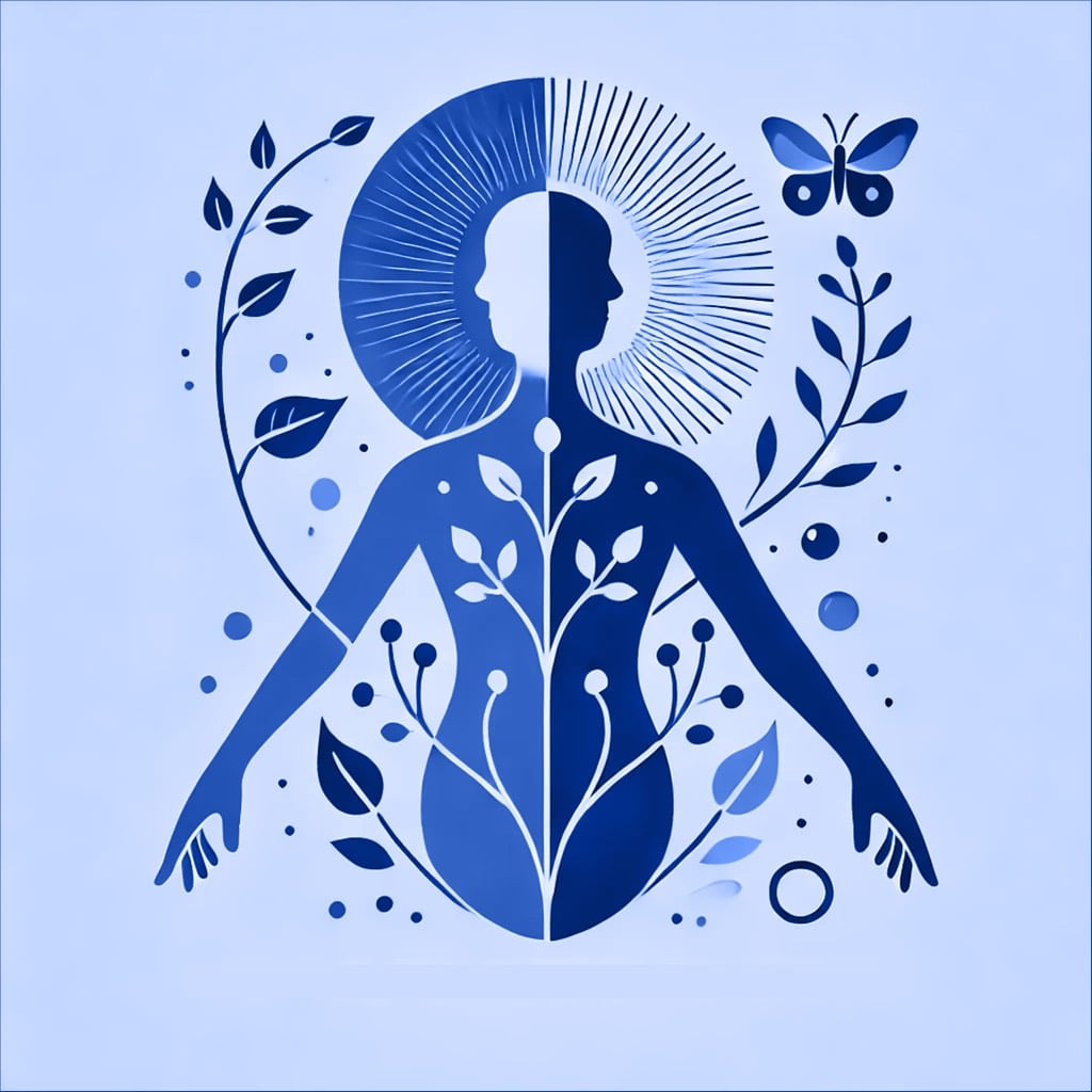 Blaue Illustration Frauenfigur mit Pflanzen und Schmetterling, Natur-Wachstum-Symbolik