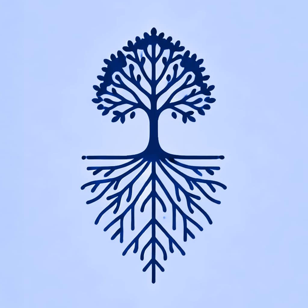 Illustration eines Baums mit Wurzeln und Krone in stilisierter Form in dunklem Blau