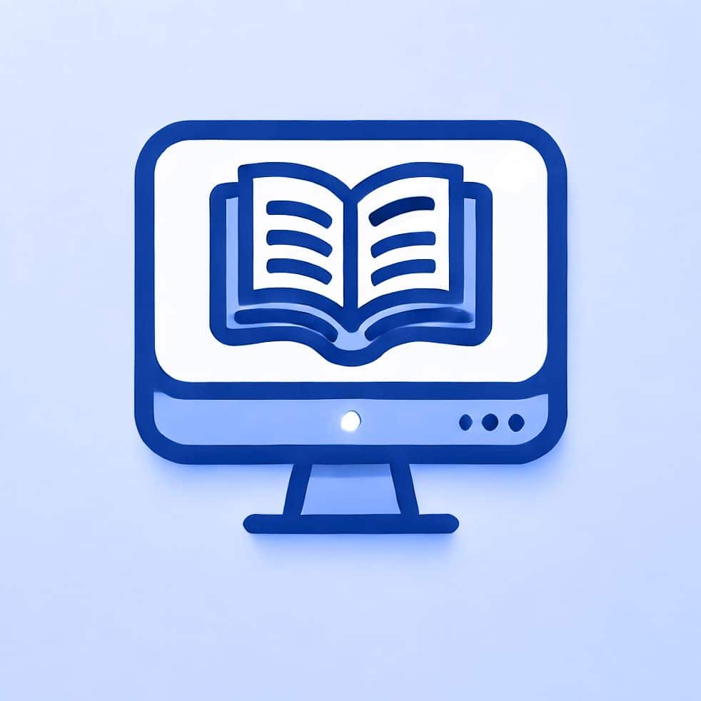Icon eines Computermonitors mit aufgeschlagenem Buch-Symbol in Blau und Weiß