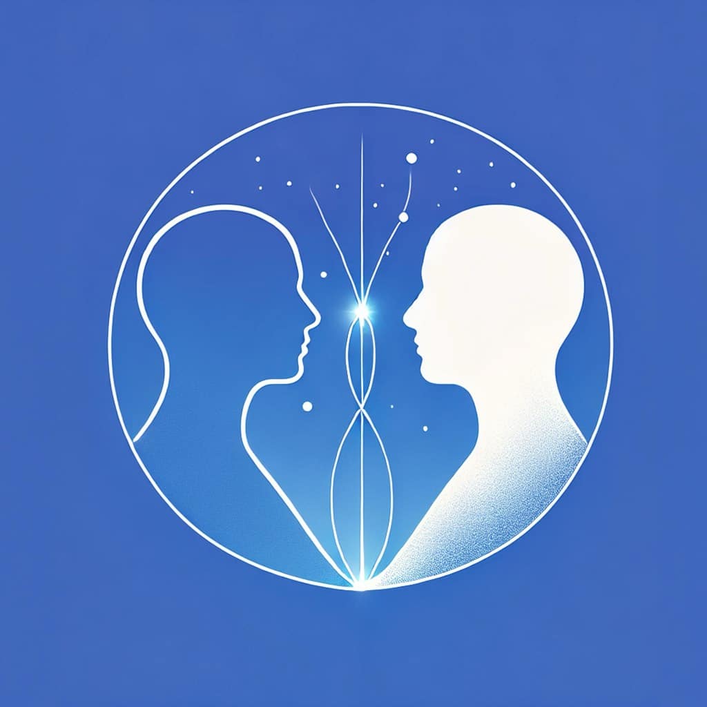 Illustration zweier Silhouetten in Profil innerhalb eines Kreises mit Lichtstrahlen und Verbindungspunkten