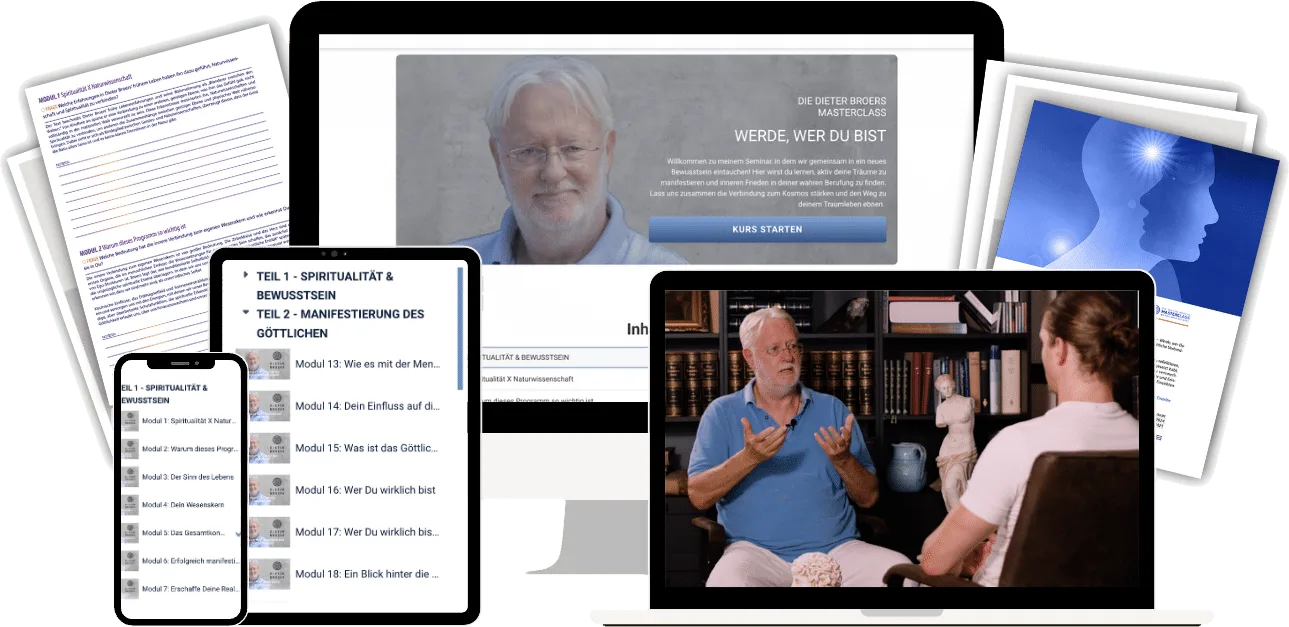 Mockup der Masterclass-Plattform mit Dieter Broers, Modulübersicht und Kursinhalten auf verschiedenen Geräten