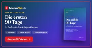 Hero-Banner für Die ersten 90 Tage mit RatgeberPlatz-Logo, Haupttitel und Call-to-Action-Button