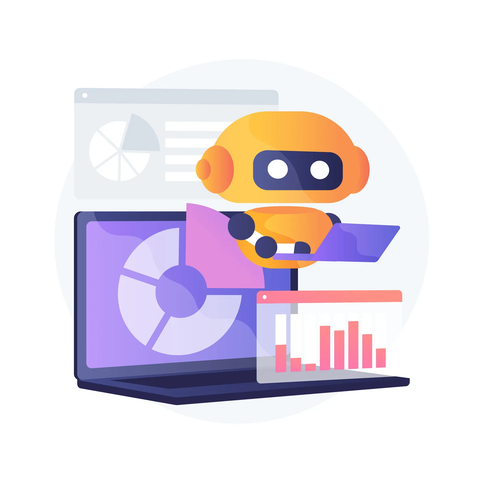 Farbenfroher KI-Roboter mit gelb-orangem Kopf sitzt an Laptop mit Datenvisualisierung und Diagrammen