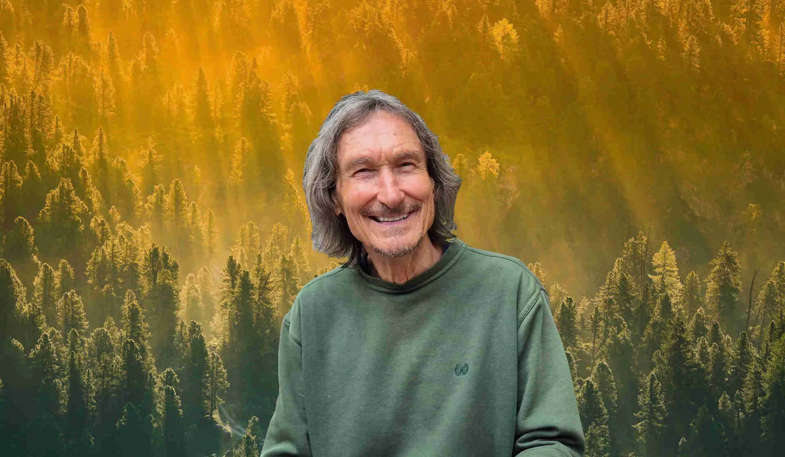 Gerd Bodhi Ziegler vor Wald-Luftaufnahmen-Hintergrund für Audio-Sammlungen