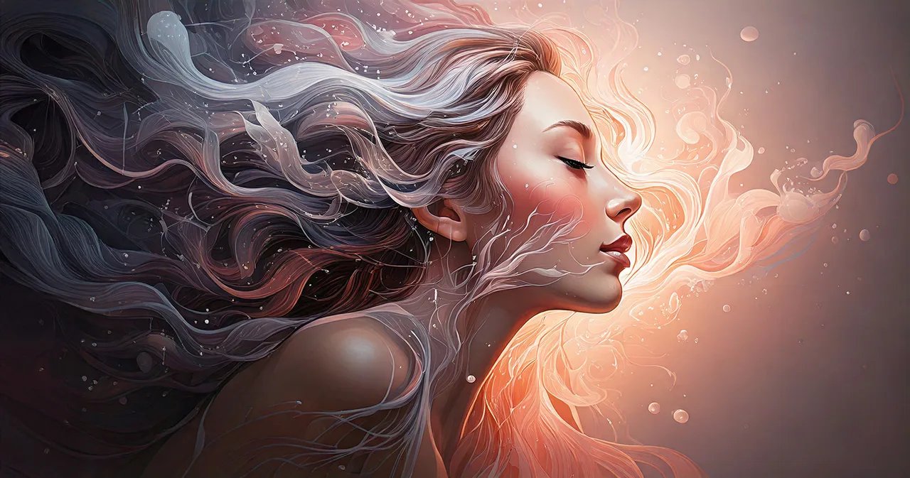Abstrakte Illustration einer Frau im Profil mit fließenden Haaren und Lichtelementen in Rosa- und Blautönen