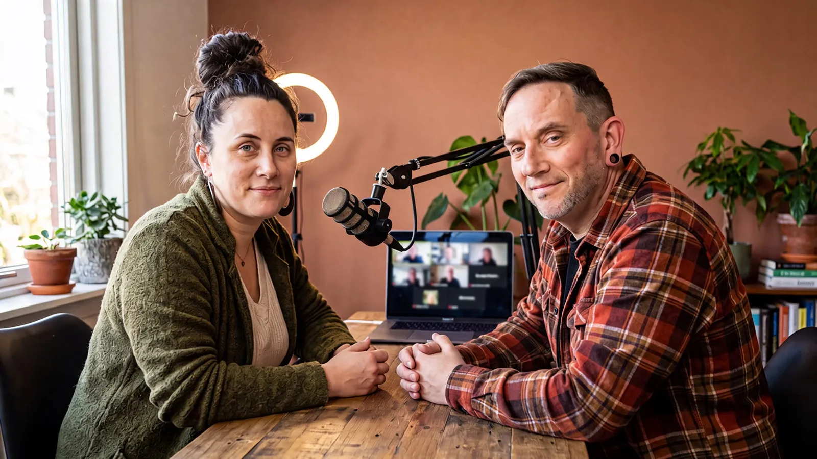 Die Essenz des Wassers – Online-Kongress über Wasser 3 Mann und Frau sitzen sich am Tisch mit Mikrofon und Laptop gegenüber in Podcast-Studio mit Pflanzen