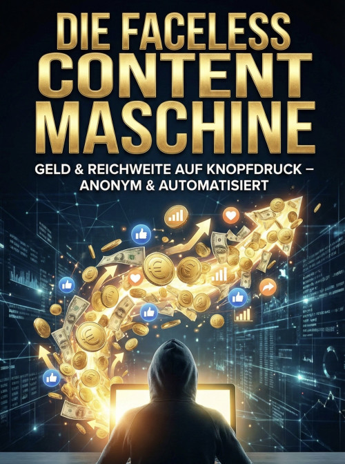 Cover Die Faceless Content Maschine mit goldenem Text, Münzen, Geldscheinen und Likes-Symbolen vor digitalem Hintergrund
