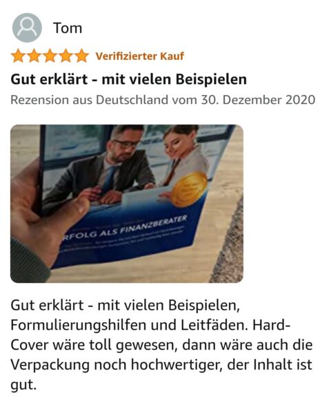 Kundenbewertung von Tom mit 5 Sternen für die Finanzprodukte Verkaufen Akademie, Deutschland, Dezember 2020