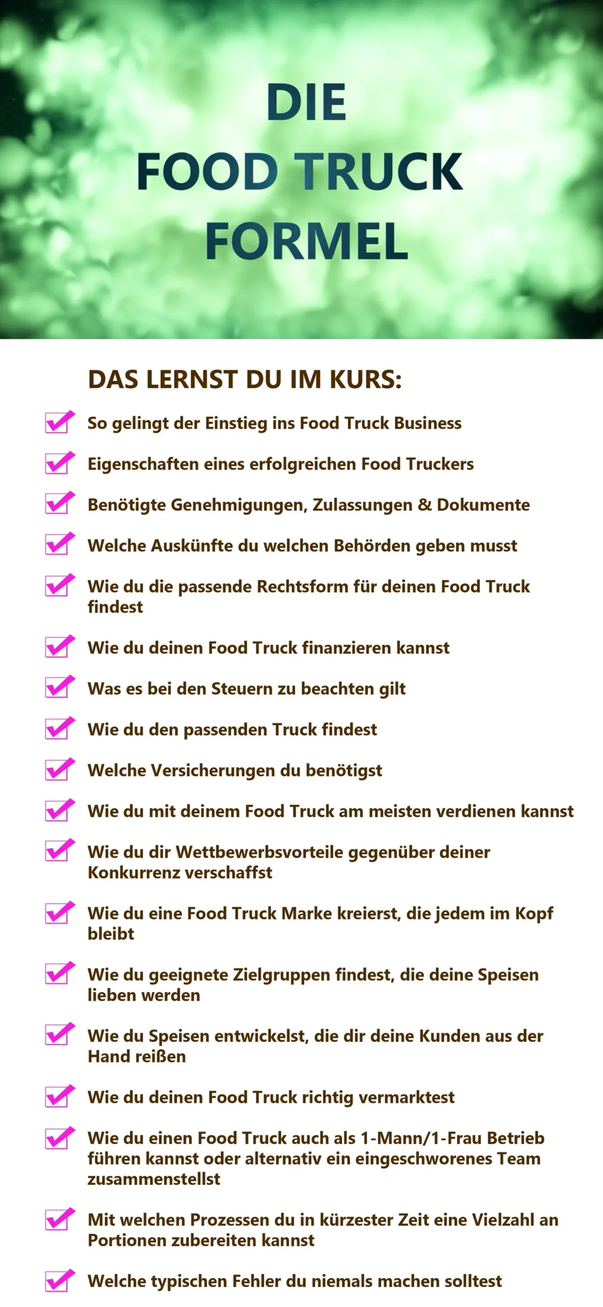 Videostandbild mit grünem Hintergrund zeigt Kursmodule und Lernziele der Food Truck Formel