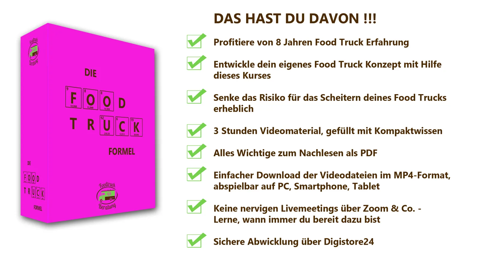 Mockup der pinken Food Truck Formel Box mit Kursfeatures und Checkboxen
