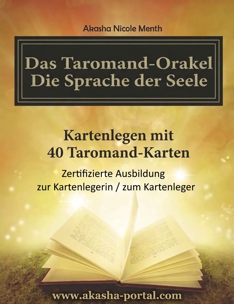 Ausbildungscover Taromand-Orakel mit aufgeschlagenem Buch und Ausbildungsinformation