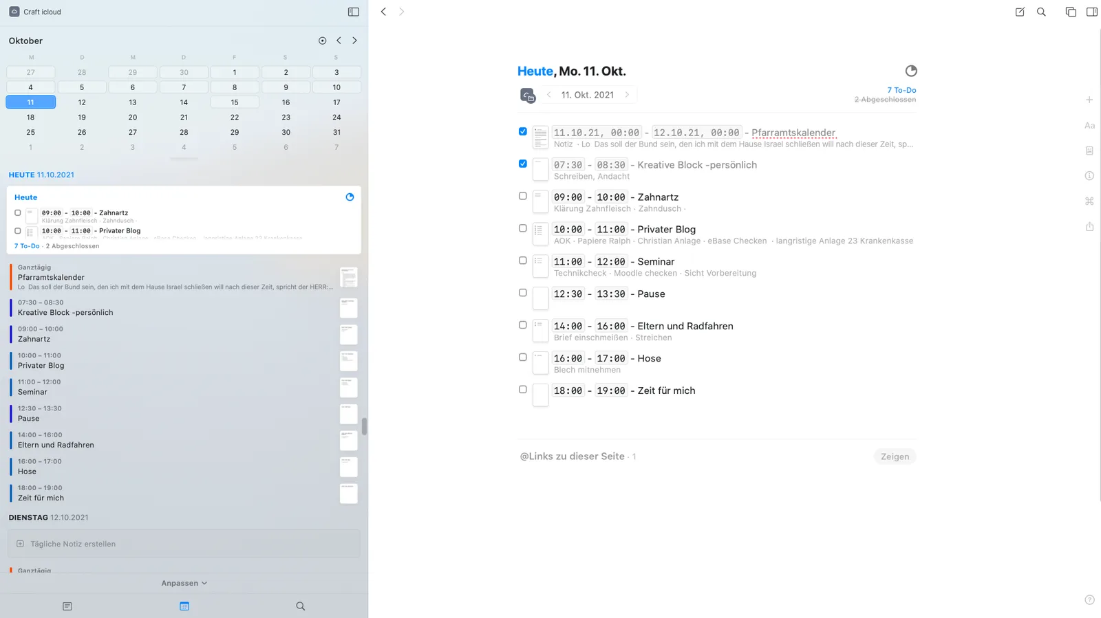 Screenshot Craft Cloud Kalender mit Tagesansicht Montag 11. Oktober 2021 und Seminareinträgen