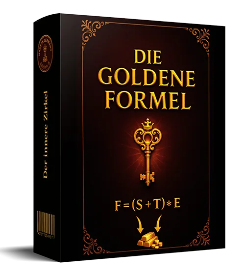 Produktbox Die goldene Formel mit goldener Schlüssel-Grafik und mathematischer Formel F=(S+T)*E auf dunkelbraunem Hintergrund