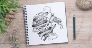 Spiralblock mit Banner-Zeichnung auf Holztisch mit Stift und Deko