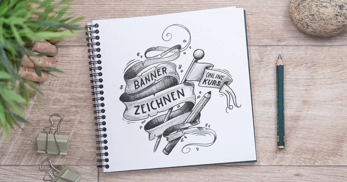 Spiralblock mit Banner-Zeichnung auf Holztisch mit Stift und Deko