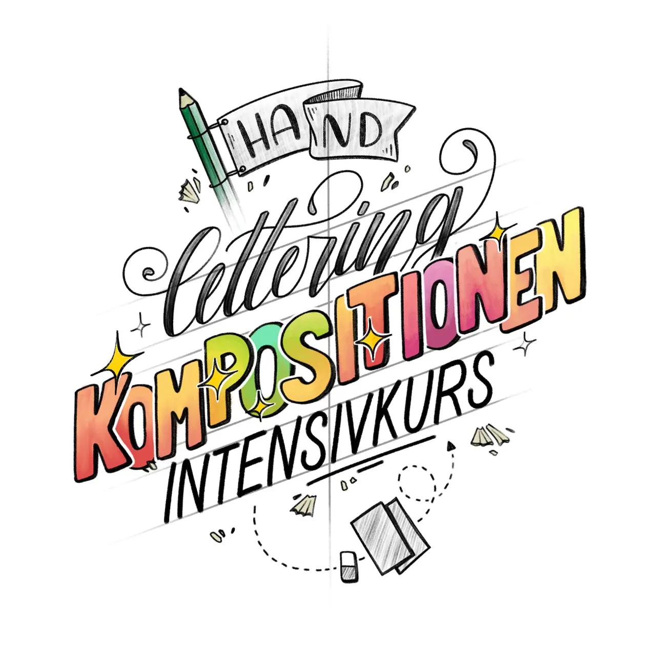 Farbige Illustration mit Text Hand Lettering Komposition Intensivkurs und bunten Buchstaben