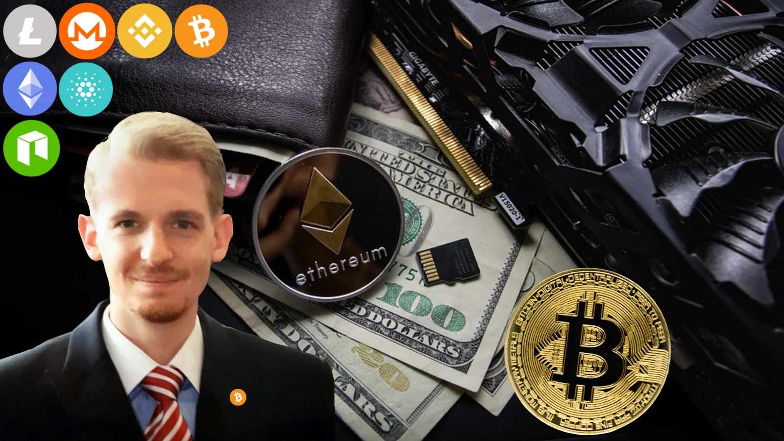 Christoph Neuwirth mit Kryptowährungen-Symbolen, US-Dollar und Mining-Hardware