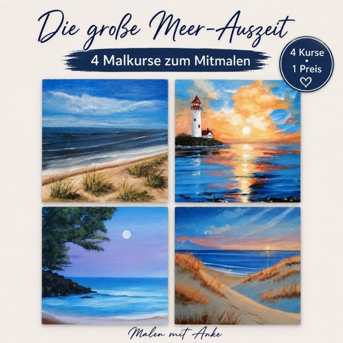 4er Bundle Verkaufsgrafik mit vier Acrylgemälden von Strand-, Leuchtturm- und Dünenszenen