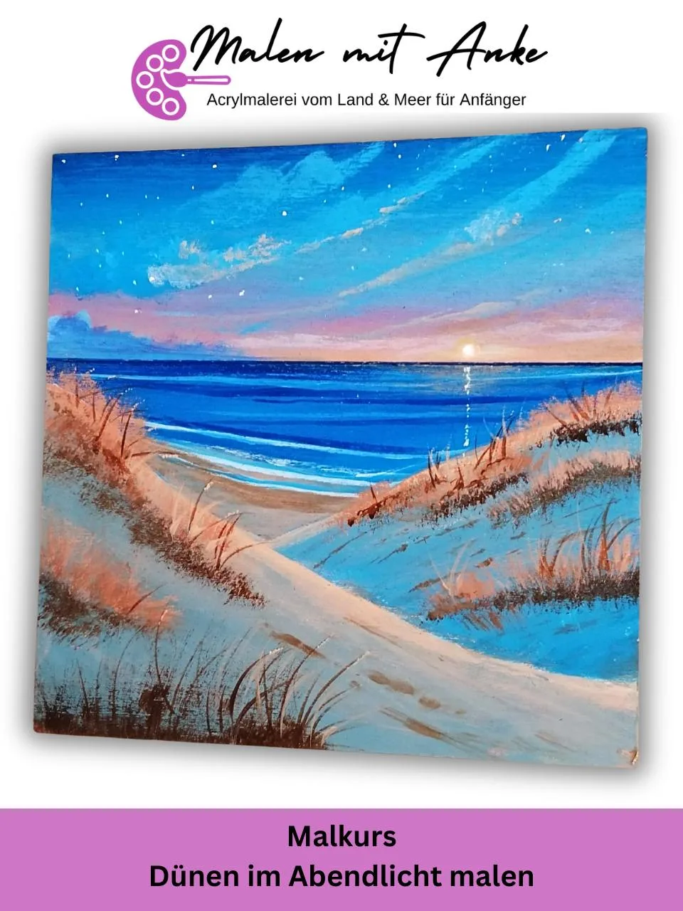 Acrylgemälde von Dünen mit Strandhafer bei Sonnenuntergang, Strand und blauem Meer