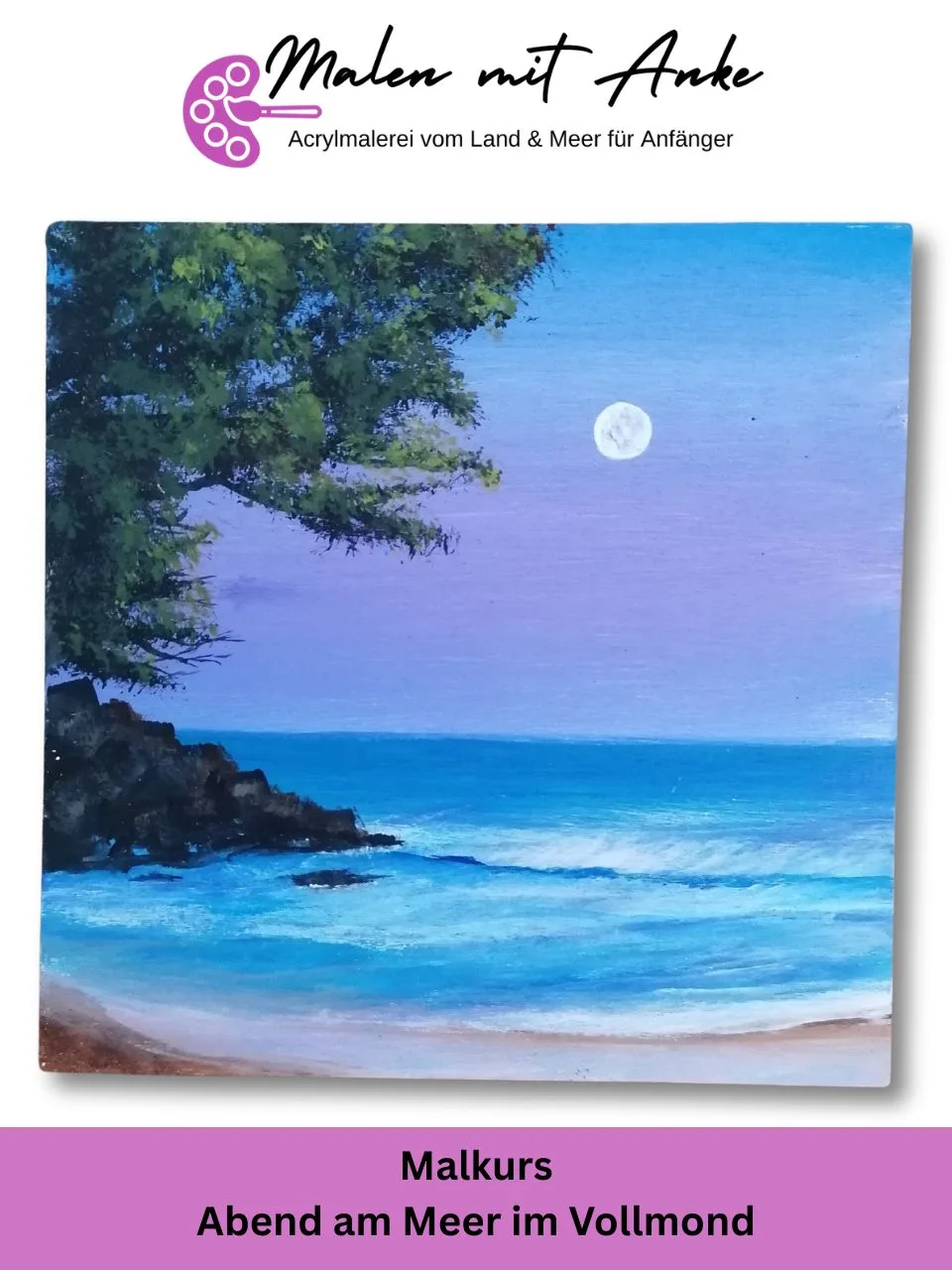 Acrylgemälde von Strand mit Bäumen und hellem Vollmond über ruhigem blauen Meer