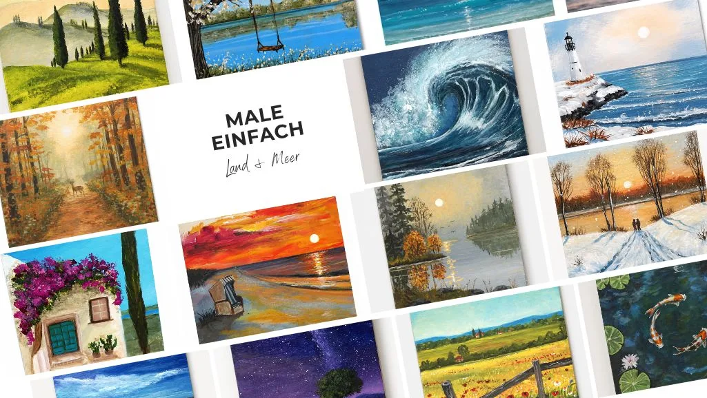 Collage verschiedener Acrylgemälde von Landschaften, Meeresszenen, Häusern und Naturmotiven