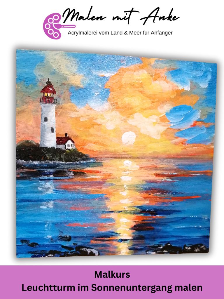 Acrylgemälde eines Leuchtturms mit rot-weißem Turm bei dramatischem Sonnenuntergang über Meer