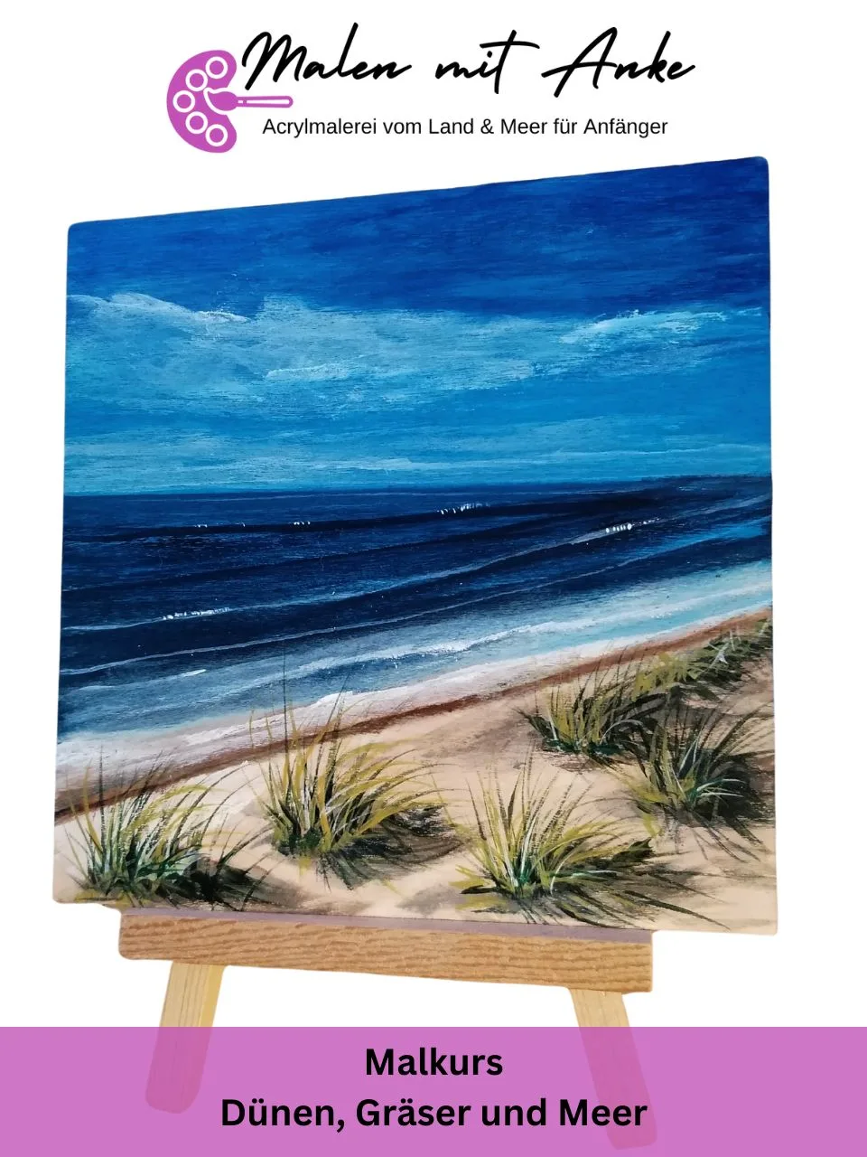 Acrylgemälde von Strand mit Dünenhafer, welligem Meer und bewölktem blauen Himmel