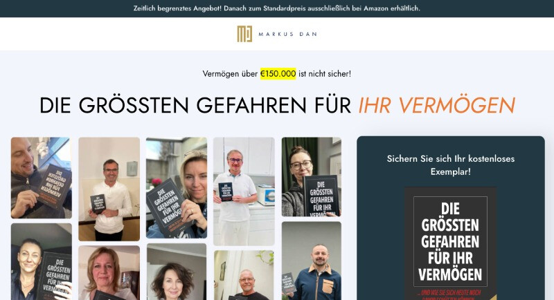 Spezialaktion-Banner mit Buch "Die größten Gefahren für Ihr Vermögen" und Warnung zu 150.000 Euro Vermögen