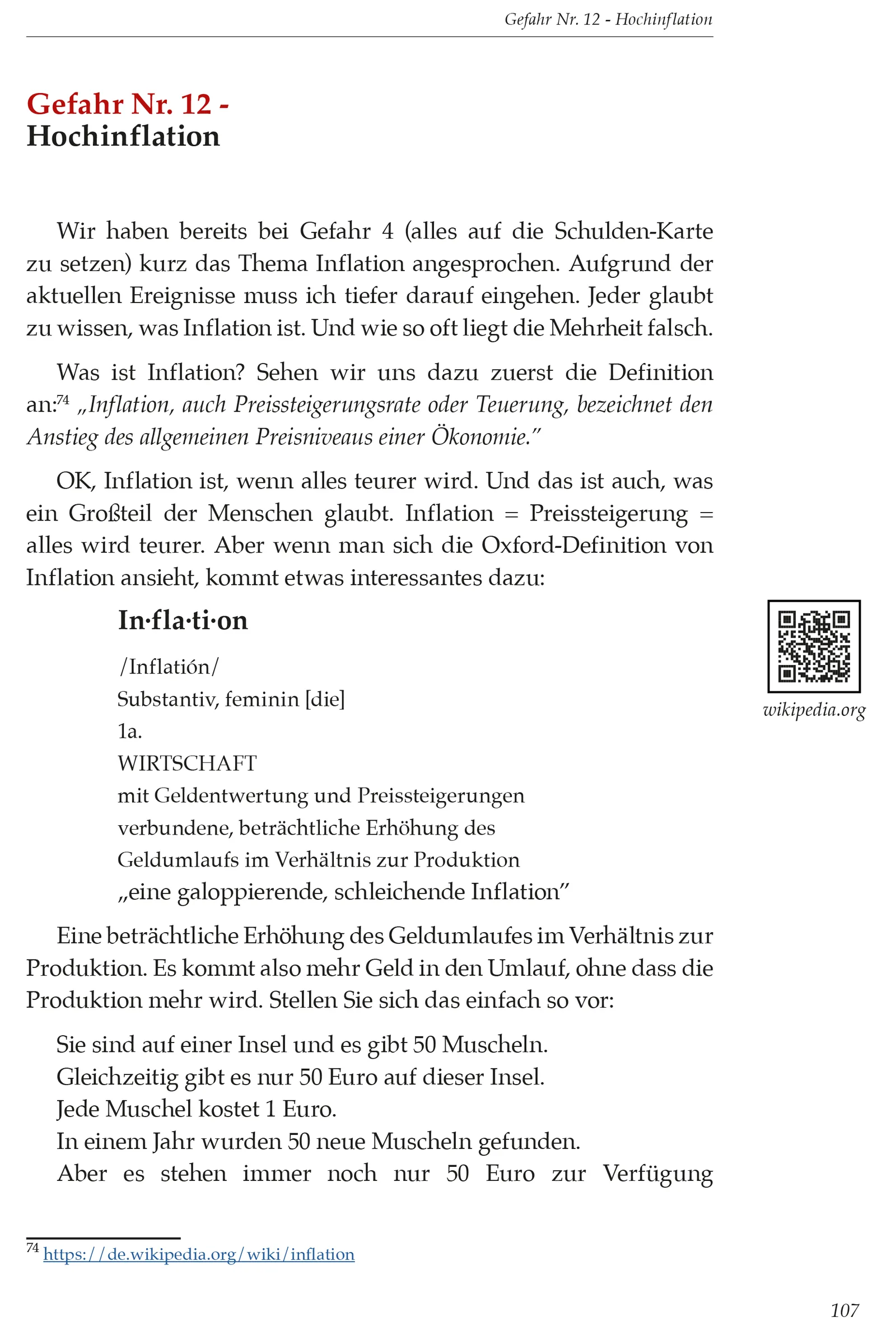 Buchseite Gefahr Nr. 12 - Hochinflation mit Definition und Beispiel zu Inflation
