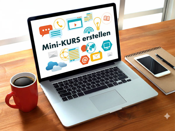 Die HerbstOffensive 2025 – Live-Workshops zum Experten-Funnel 1 Laptop auf Schreibtisch mit Text Mini-KURS erstellen, rote Kaffeetasse, Smartphone und Notizbuch neben dem Gerät