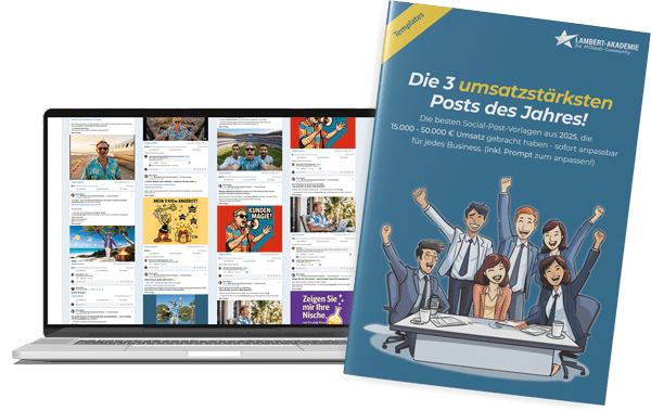 Die HerbstOffensive 2025 – Live-Workshops zum Experten-Funnel 24 Laptop und Plakat zeigen die 3 umsatzstärksten Posts des Jahres mit Preisangaben 10.000–50.000 Euro